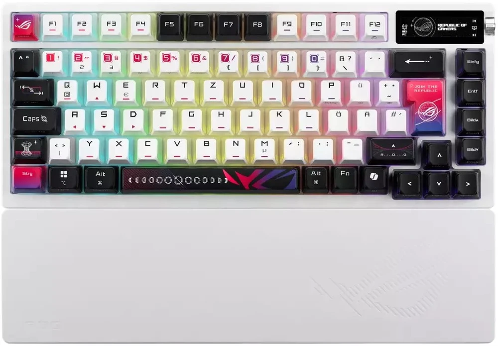 ASUS ROG Azoth X Gaming-klaviatūra, 75%, Hot-Swap, OLED-Ekranas, Tri-Mode, CH - baltas