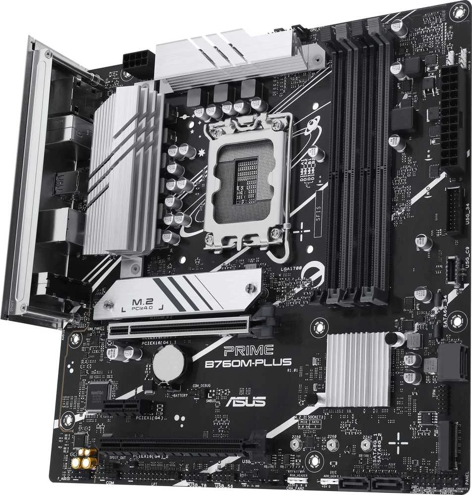 Pagrindinė plokštė ASUS PRIME B760M-PLUS | Asus | Procesorių šeima Intel B760 | Procesoriaus lizdas 1 x LGA1700 lizdas | 4 DIMM lizdai - DDR5, be ECC, on-chip ECC, nebuferiniai | Palaikomos standžiojo disko sąsajos SATA-600 (RAID), 2 x M.2 | SATA jungčių skaičius 4