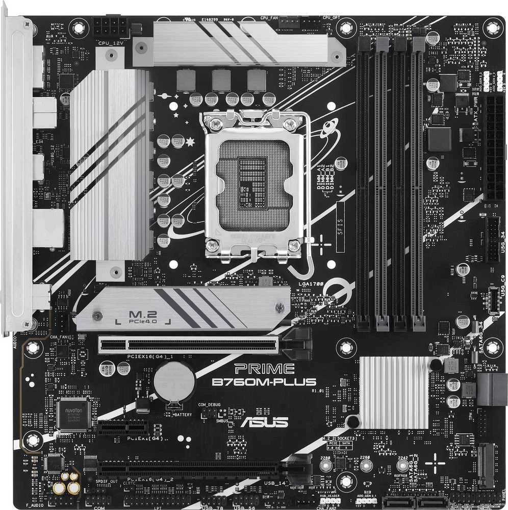 Pagrindinė plokštė ASUS PRIME B760M-PLUS | Asus | Procesorių šeima Intel B760 | Procesoriaus lizdas 1 x LGA1700 lizdas | 4 DIMM lizdai - DDR5, be ECC, on-chip ECC, nebuferiniai | Palaikomos standžiojo disko sąsajos SATA-600 (RAID), 2 x M.2 | SATA jungčių skaičius 4