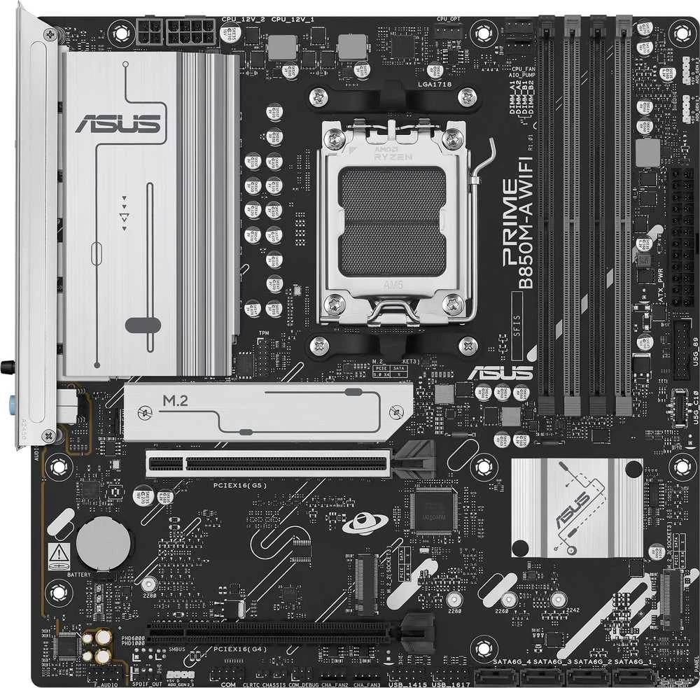Pagrindinė plokštė Asus PRIME B850M-A WIFI | Procesorių šeima AMD | Procesoriaus lizdas AM5 | DDR5 | Palaikomos kietojo disko sąsajos SATA, M.2 | SATA jungčių skaičius 4
