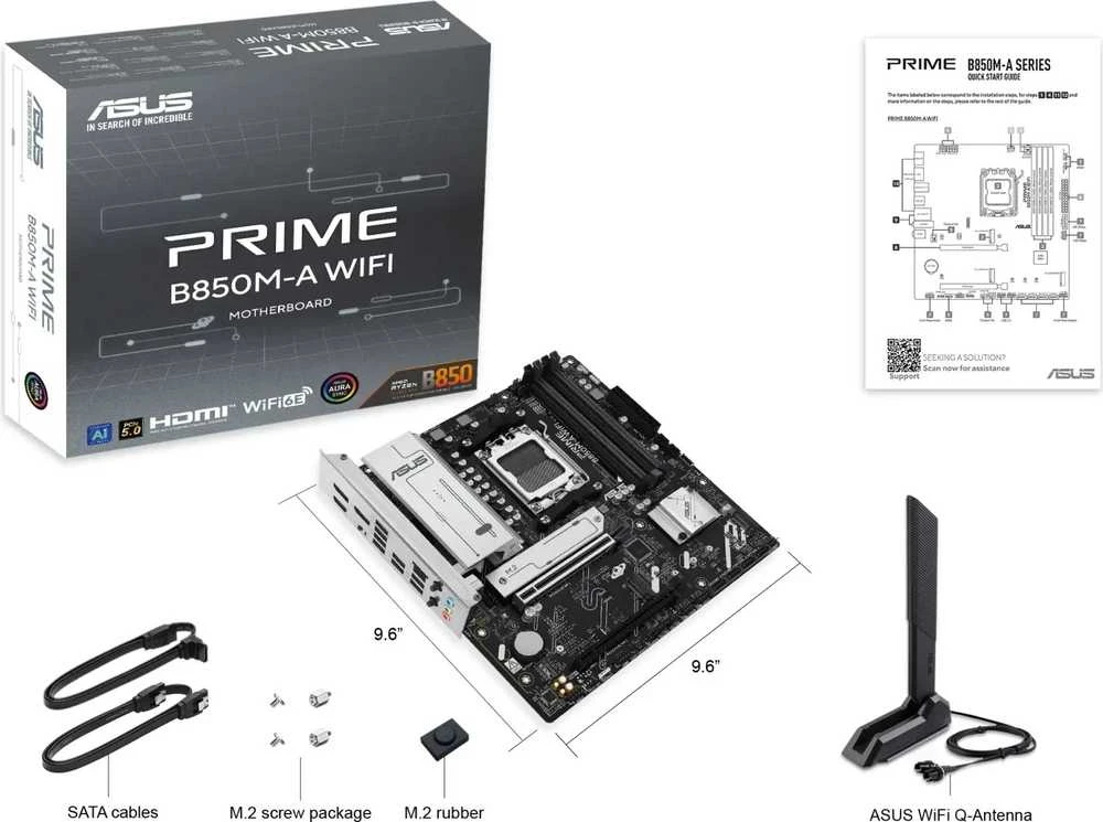 Pagrindinė plokštė Asus PRIME B850M-A WIFI | Procesorių šeima AMD | Procesoriaus lizdas AM5 | DDR5 | Palaikomos kietojo disko sąsajos SATA, M.2 | SATA jungčių skaičius 4