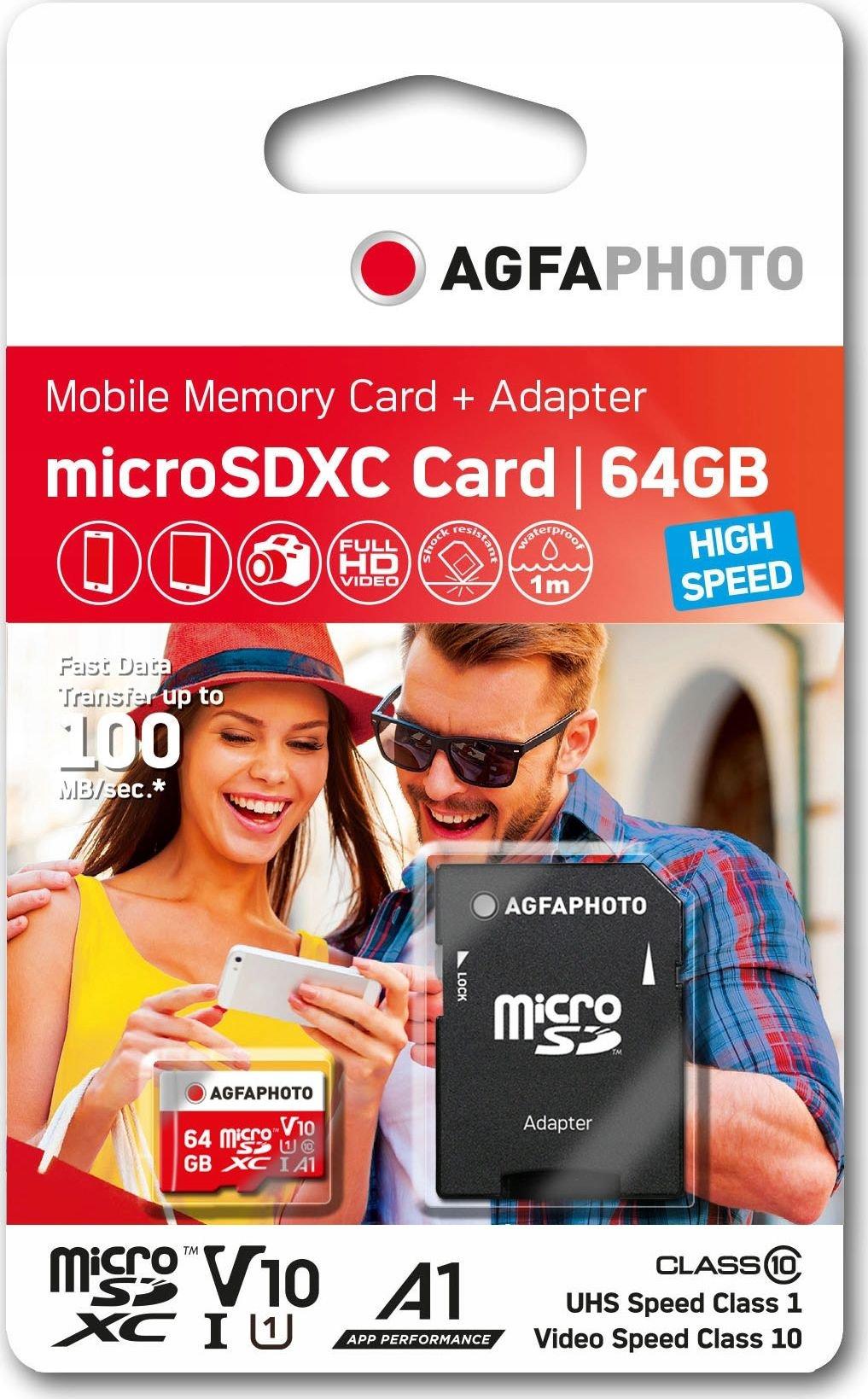 AgfaPhoto Micro SDXC UHS-I 64GB didelės spartos 10 klasės U1 + adapteris