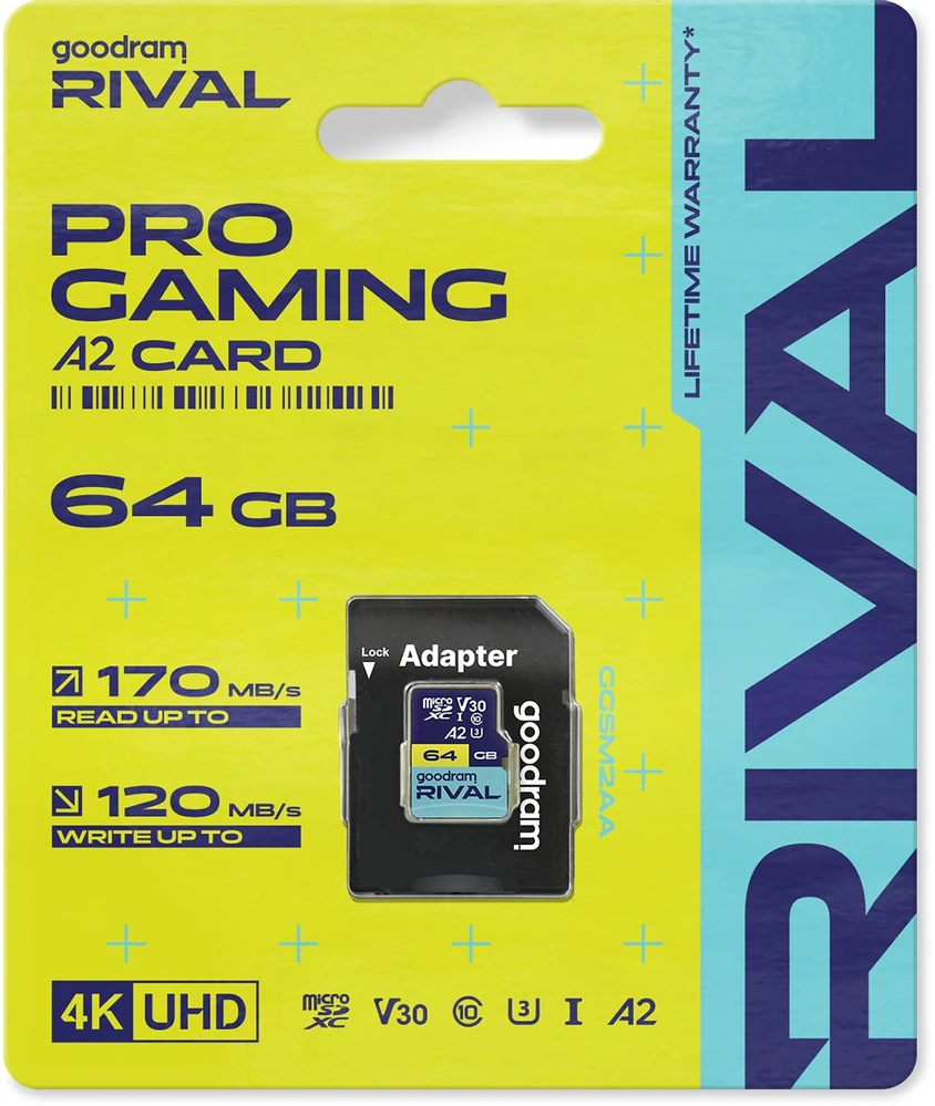 Atminties kortelė GOODRAM RIVAL M2AA 64 GB Micro SDXC V30 A2 UHS-I U3 + adapteris (GGSM2AA-0640R12)