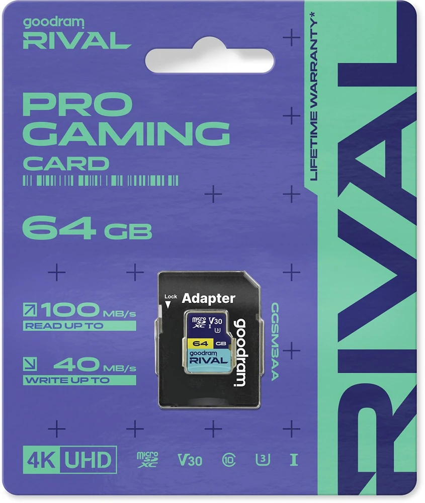 Atminties kortelė GOODRAM RIVAL M3AA 64 GB Micro SDXC V30 UHS-I U3 + adapteris (GGSM3AA-0640R12)