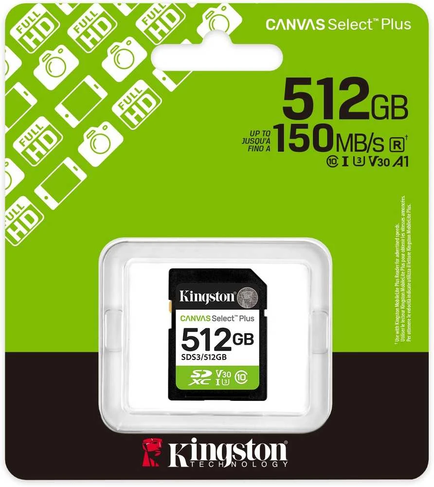 „Kingston Technology“ 512 GB SDXC „Canvas Select Plus“ Gen3 150 MB/s C10 UHS-I U3 V30 atminties kortelė