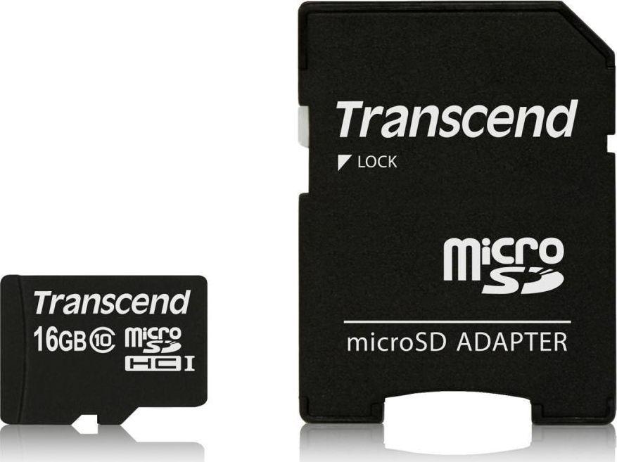 Atminties kortelė TRANSCEND 16GB micro SDHC kortelė, 10 klasė, su SD adapteriu