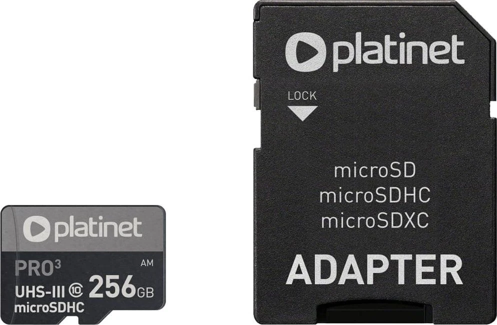 Atminties kortelė Atminties korta Platinet MicroSD 256GB (class10 UHS-III 90MB/S) + SD Adapteris