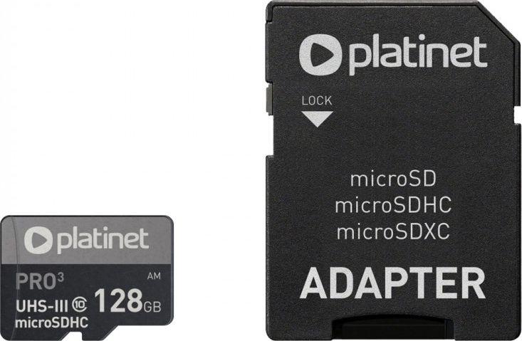 Atminties kortelė Atminties korta Platinet MicroSD 128GB (class10 UHS-III 90MB/S) + SD Adapteris