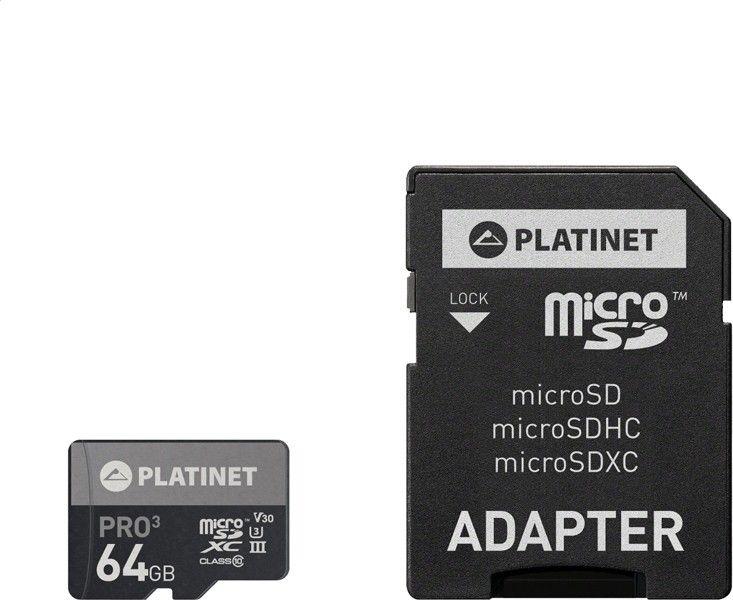Atminties kortelė Atminties korta Platinet MicroSD 64GB (class10 UHS-III 90MB/S) + SD Adapteris