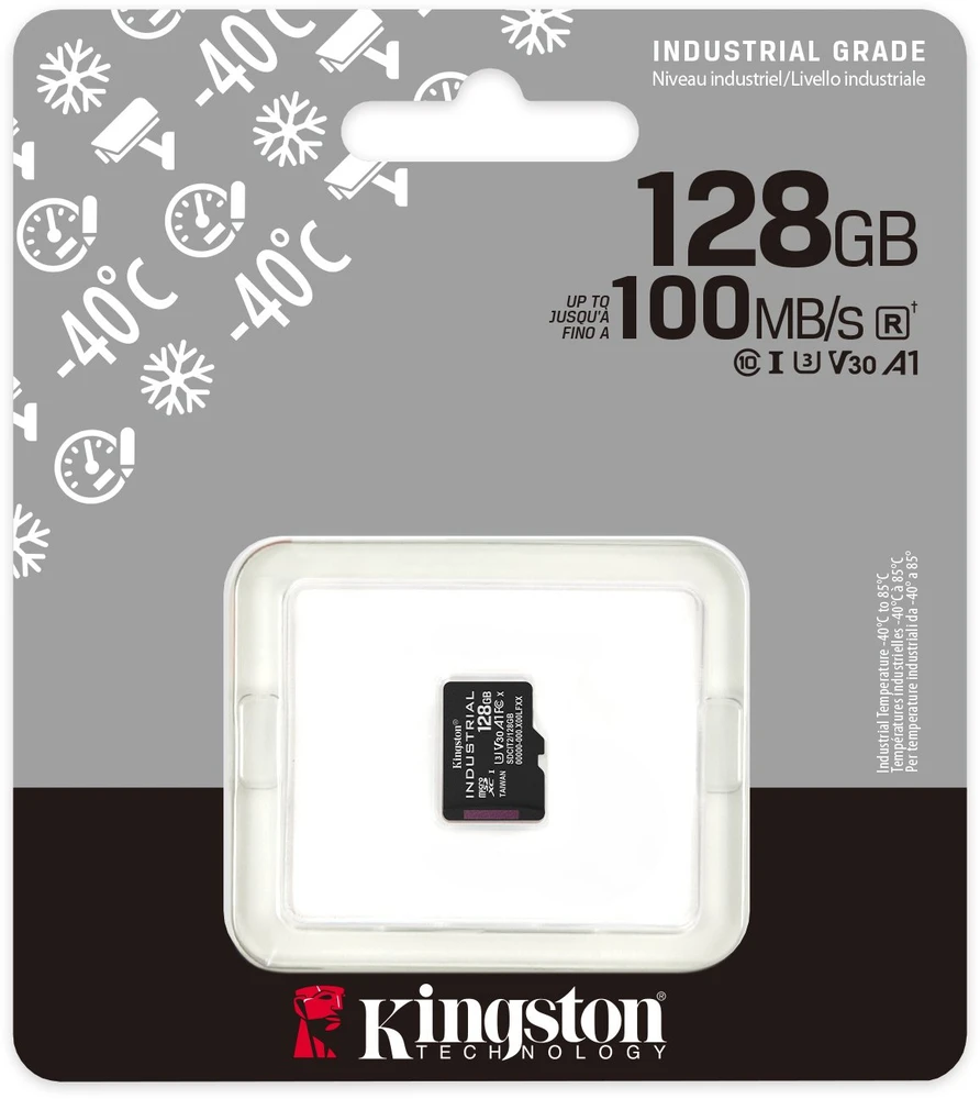 Kingston Technology 128GB Micro SDXC Industrial C10 A1 pSLC kortelė, vienetinis pakuotė be adapterio, 128 GB, MicroSD, 10 klasė, UHS-I, 100 MB/s, 80 MB/s