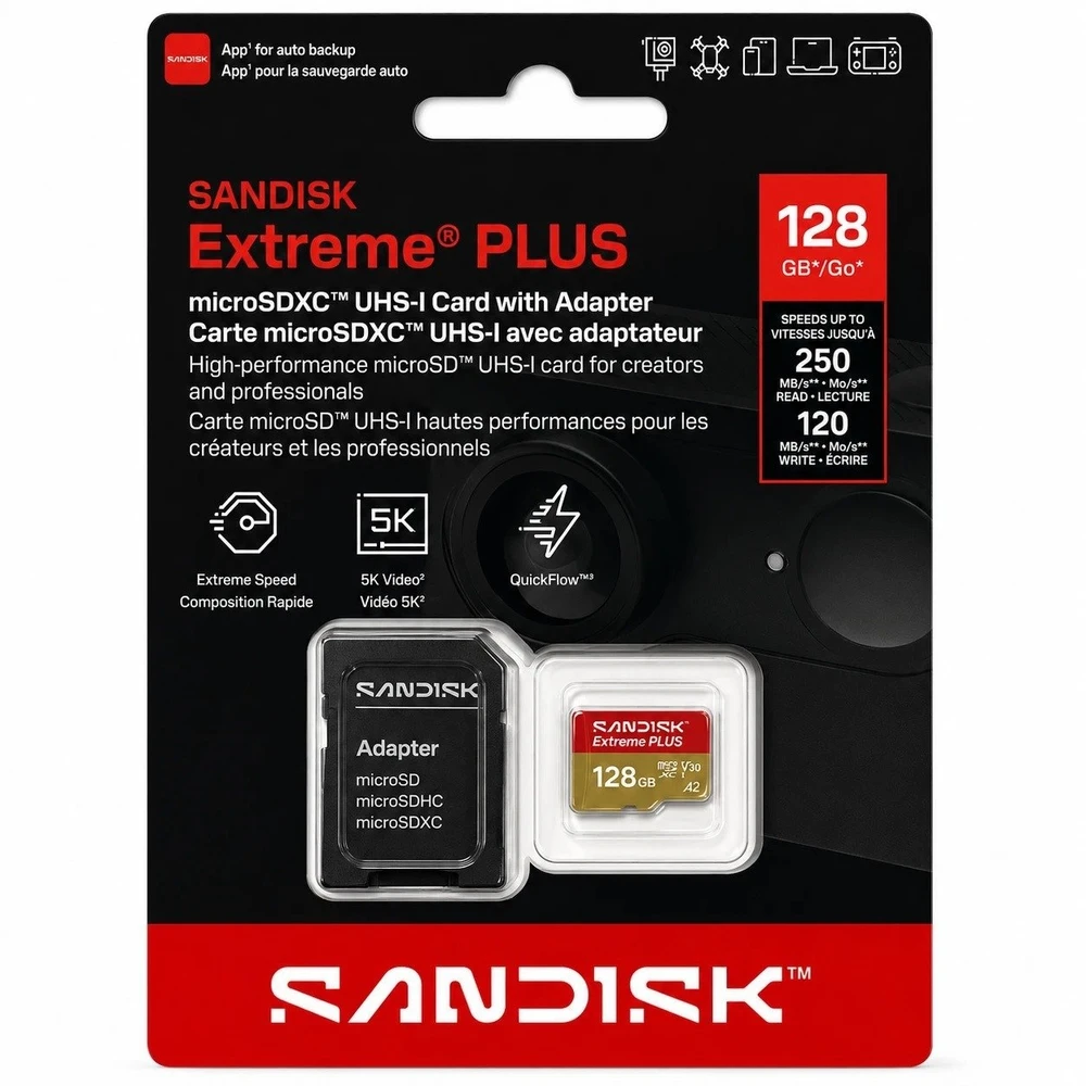 SANDISK Extreme PLUS 128GB Micro SDXC UHS-I atminties kortelė