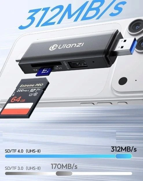 Atminties kortelė Atminties kortelių skaitytuvas - Ulanzi CR3 3 in 1 kortelių skaitytuvas 4.0 USB C/A 312 MB/s