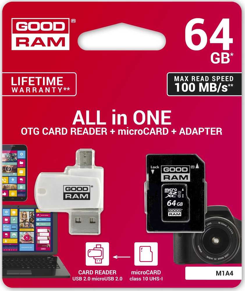 Atminties kortelė Karta GoodRam Viskas viename Micro SDXC 64 GB 10 klasės UHS-I/U1 (M1A4-0640R12)