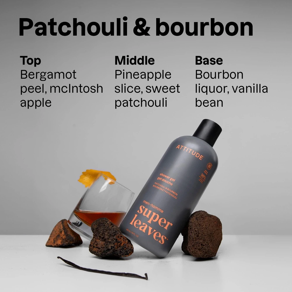 „Attitude Attitude SUPER LEAVES MEN“ dušo želė vyrams – pačiulių ir burbono aromatas, 415 ml