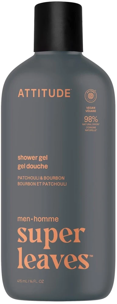 „Attitude Attitude SUPER LEAVES MEN“ dušo želė vyrams – pačiulių ir burbono aromatas, 415 ml