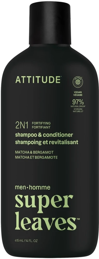 Attitude Vyrų stiprinamasis šampūnas ir kondicionierius 2in1 Super Leaves Matcha & Bergamot (šampūnas ir kondicionierius) 415 ml