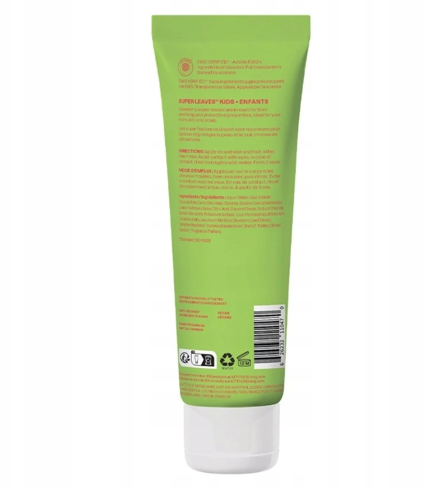 Attitude Super Leaves Kids 2in1 prausimosi gelis kūnui ir plaukams su arbūzo ir kokoso kvapu 240 ml