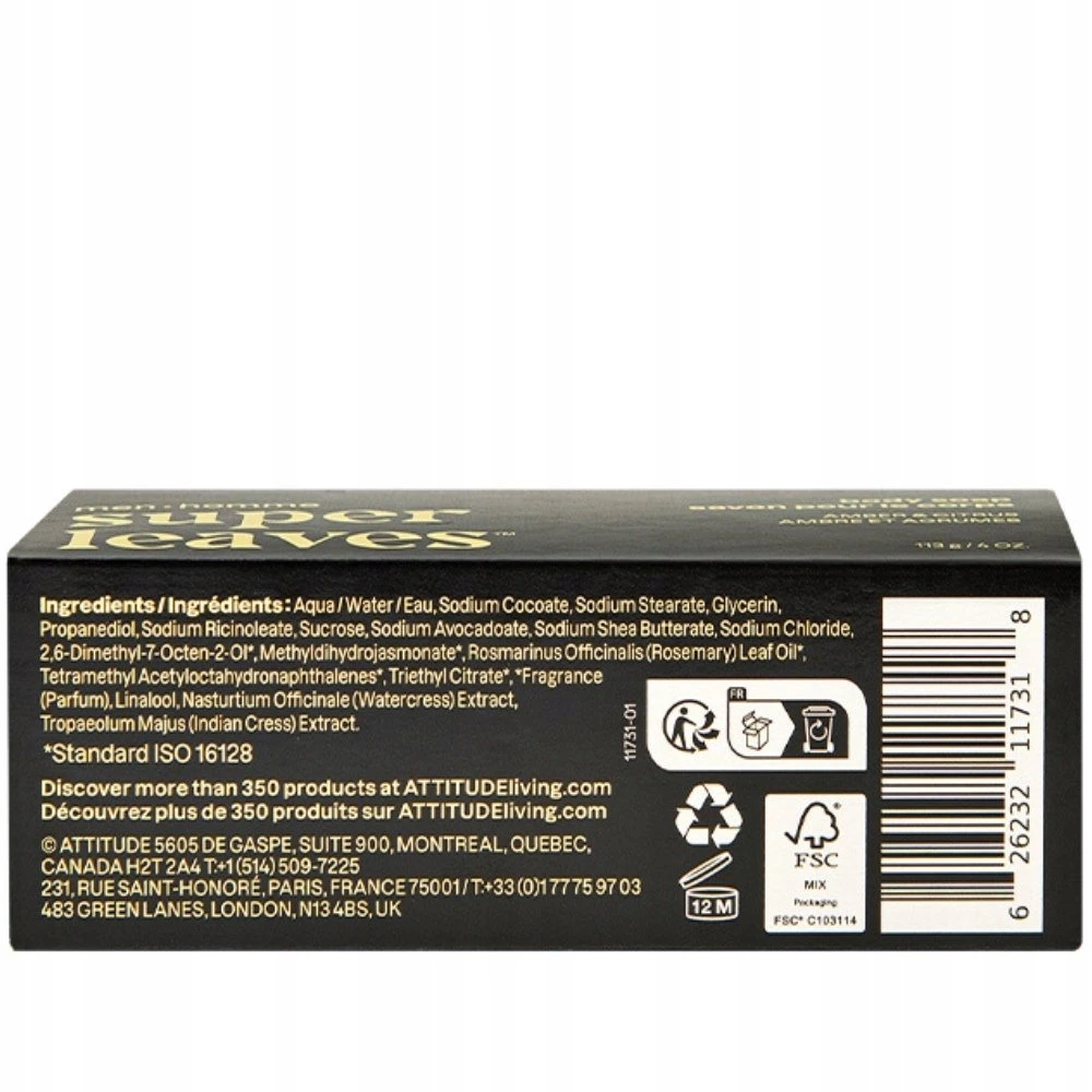 Attitude Super Leaves Men Muilo gabalėlis kūnui vyrams Gintaras ir citrusai 113 g