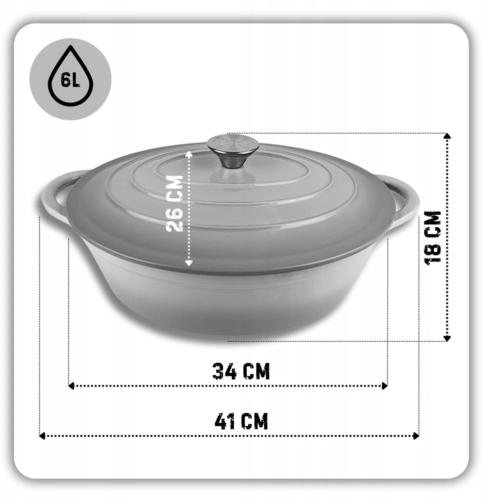 HAGE Ketaus kepimo skarda, emaliuota, 6 l, dangtis 34 cm, pilka indukcinė orkaitė