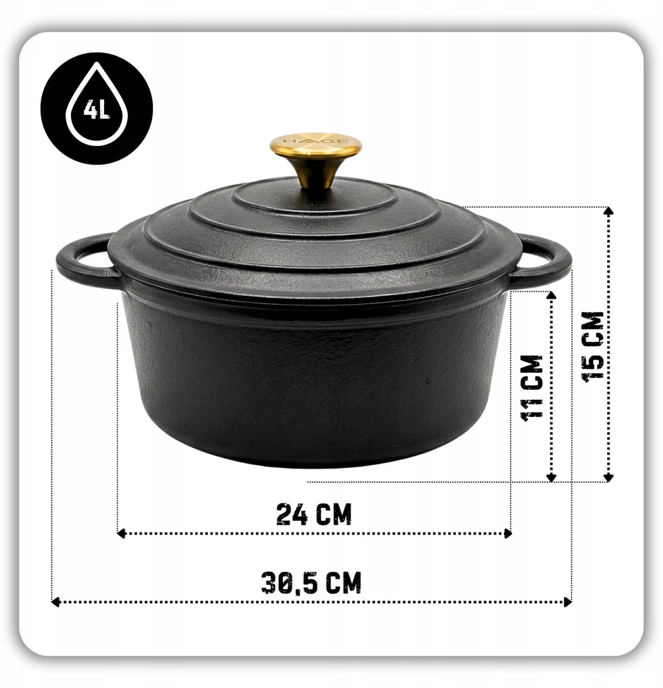 Atusa Emaliuotas ketaus puodas 24 cm 4 L HAGE juodas matinis (DQ24-blackmatt)