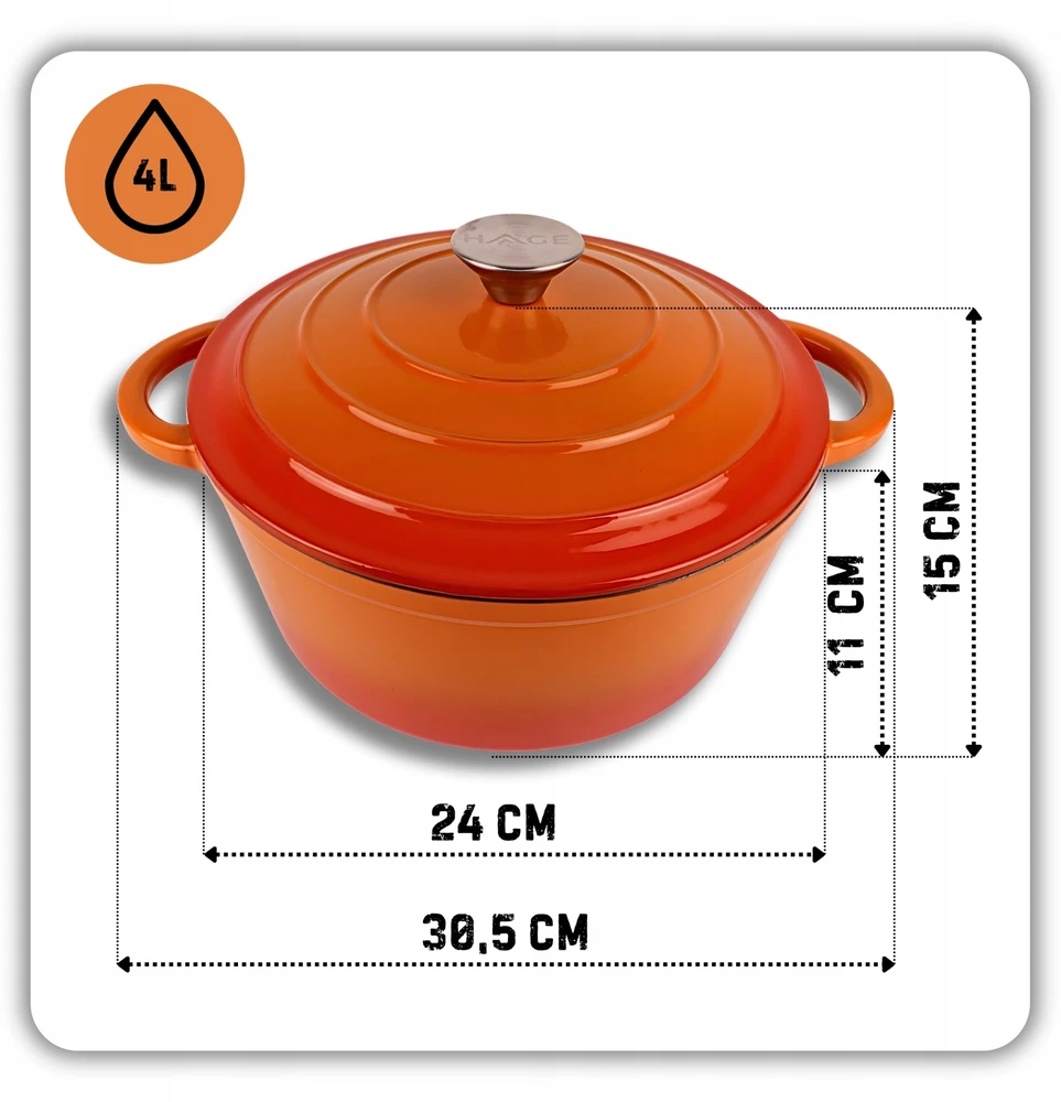 Atusa EMALIOWANY Puodas ŻELIWNY 24cm 4L HAGE Oranžinis