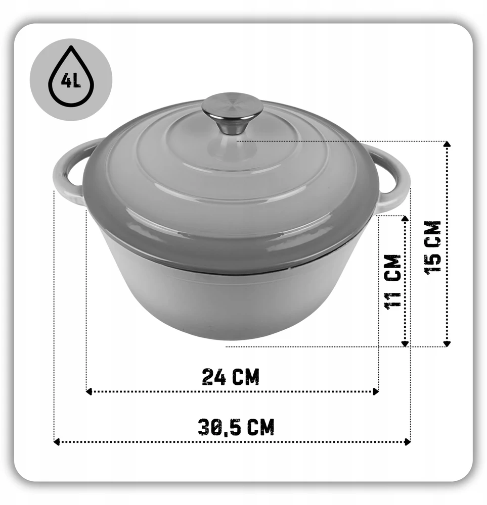 Atusa EMALIOWANY Puodas ŻELIWNY 24cm 4L HAGE PILKA