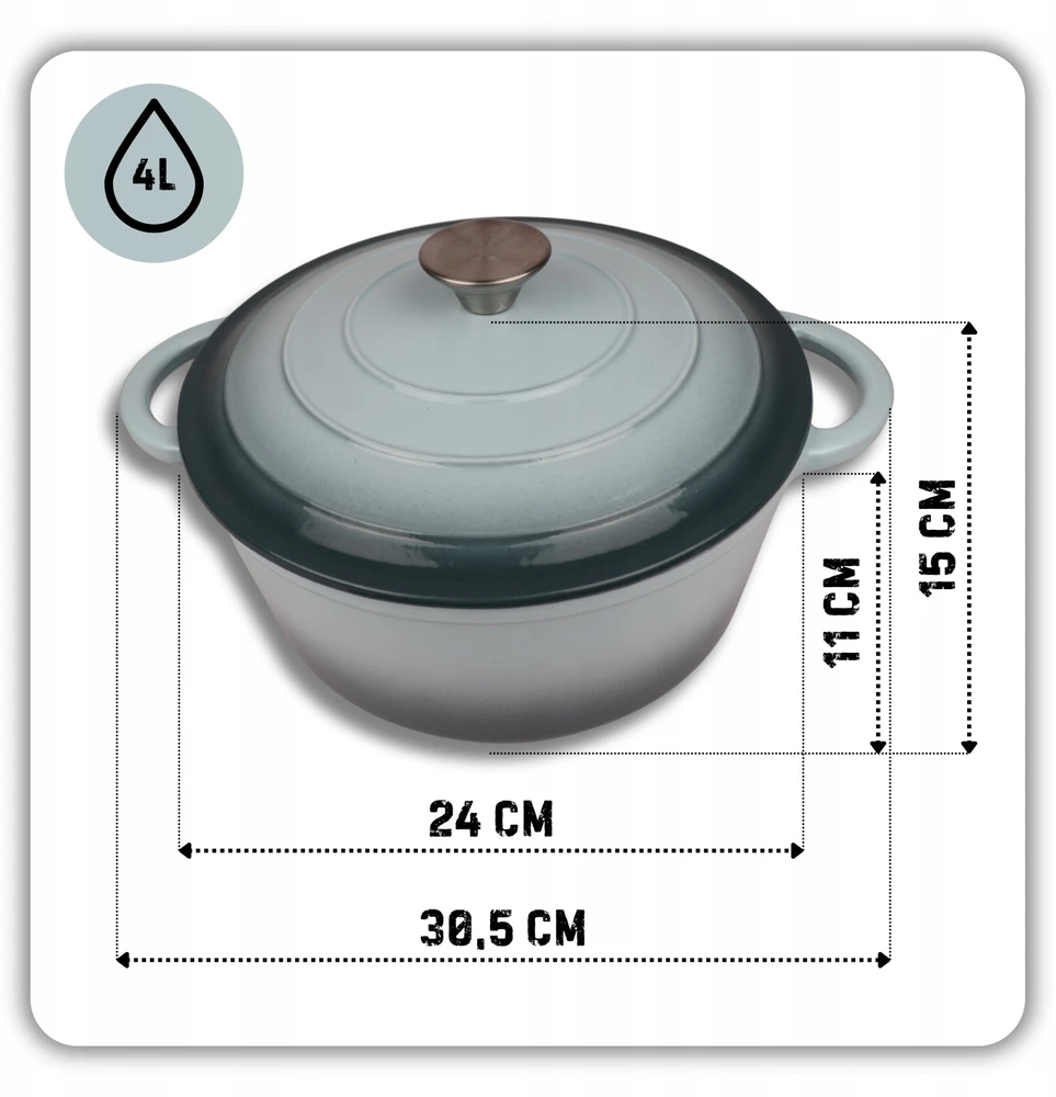 Atusa EMALIOWANY Puodas ŻELIWNY 24cm 4L HAGE SEA SALT