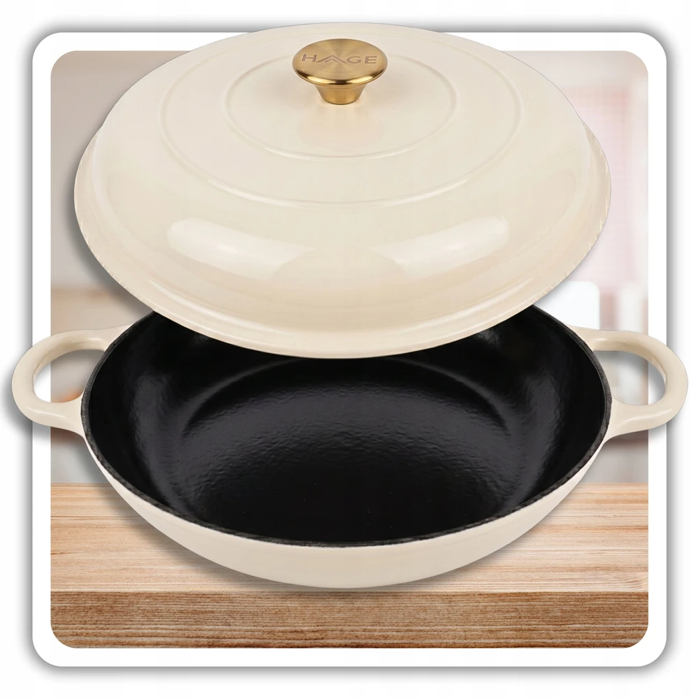 Atusa Žemas emaliuotas ketaus PUODAS Indukcinis HAGE Orkaitė 30 cm 3L Kremas