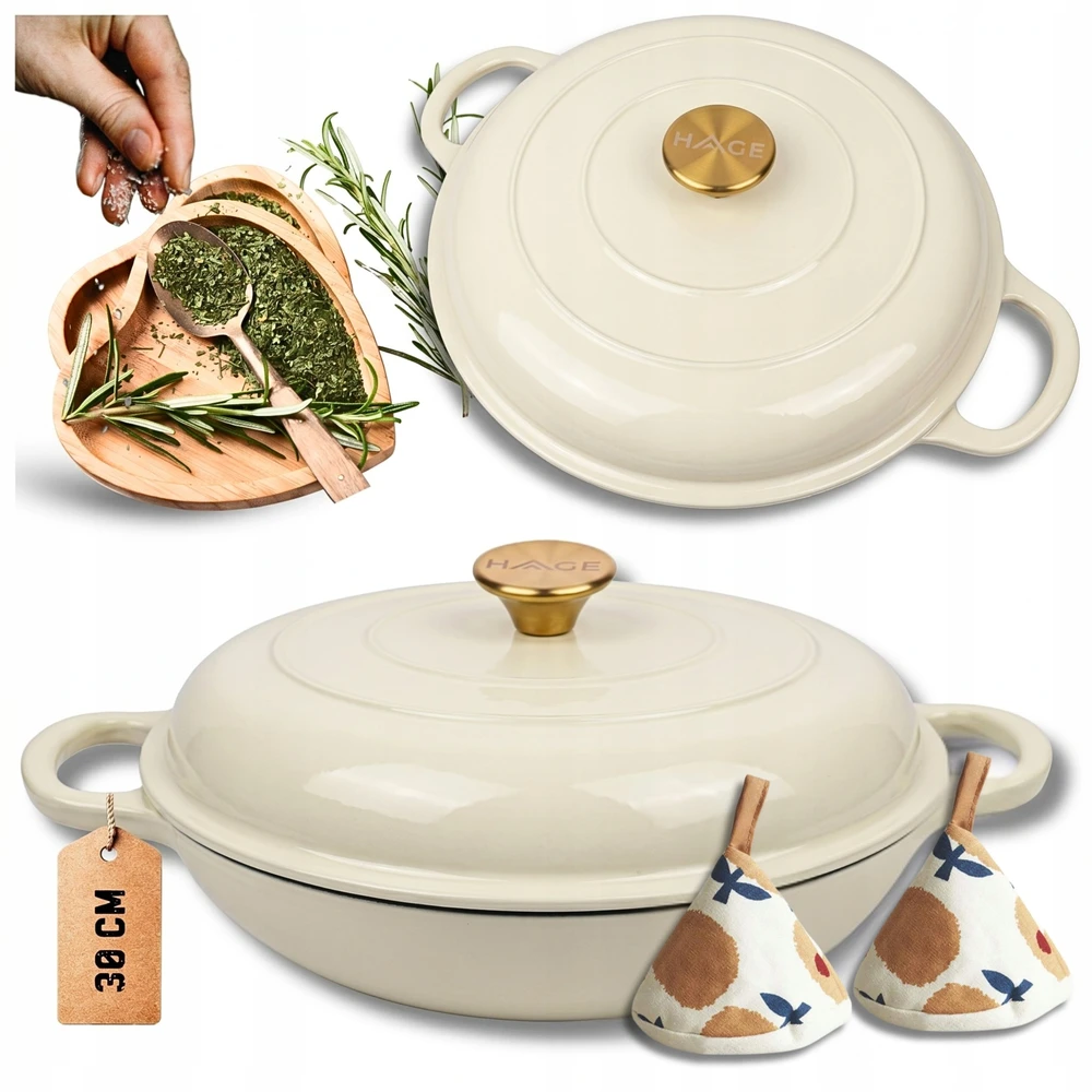 Atusa Žemas emaliuotas ketaus PUODAS Indukcinis HAGE Orkaitė 30 cm 3L Kremas
