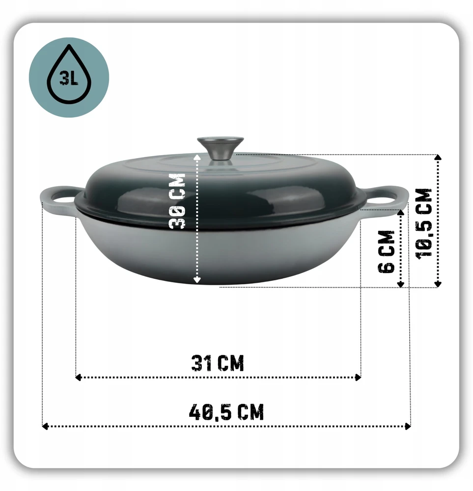 Atusa EMALIOWANY Puodas ŻELIWNY PŁASKI 30cm 3L HAGE SEA SALT