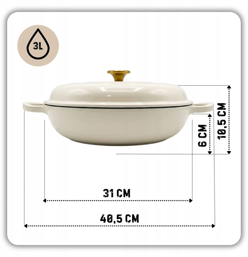 Atusa Žemas emaliuotas ketaus PUODAS Indukcinis HAGE Orkaitė 30 cm 3L Kremas