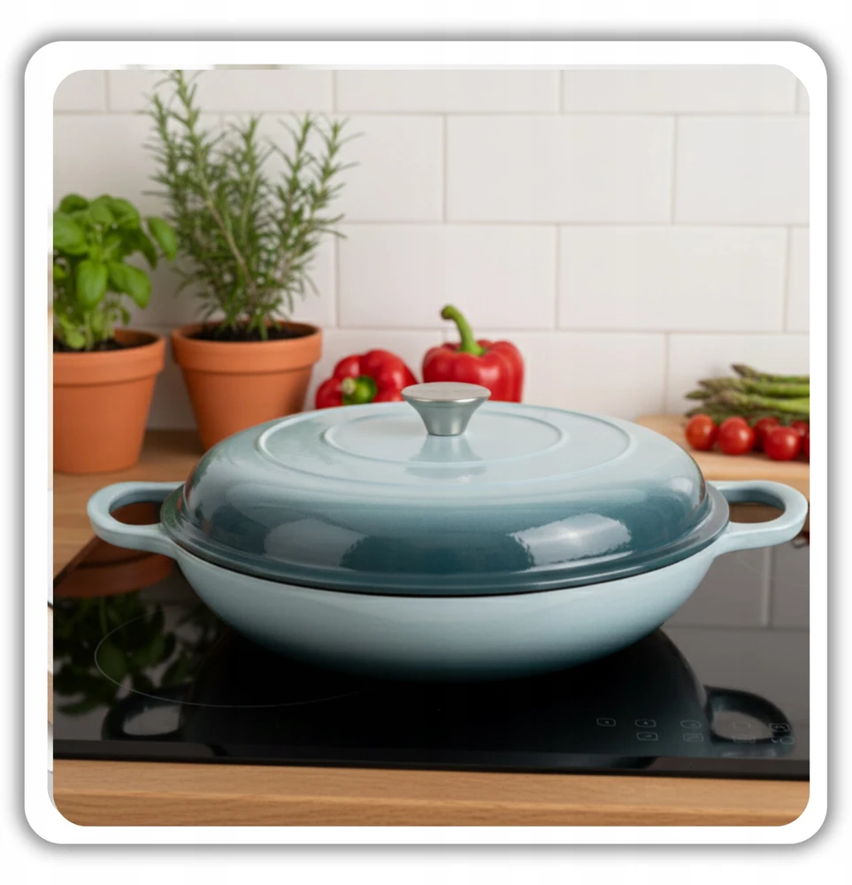Atusa EMALIOWANY Puodas ŻELIWNY PŁASKI 30cm 3L HAGE SEA SALT