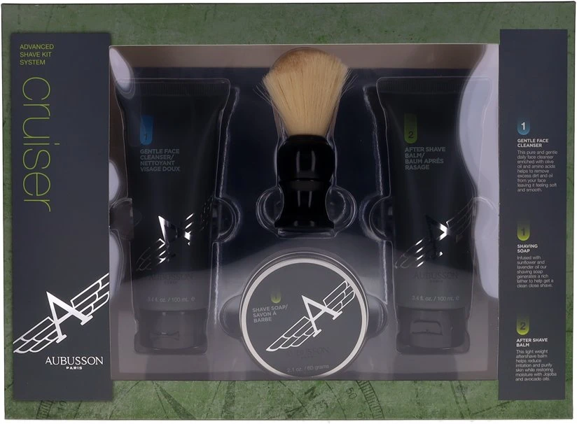 Rinkinys Aubusson: „Cruiser“ valomasis kremas, šalinantis nešvarumus, 100 ml + „Cruiser“ raminamasis balzamas po skutimosi, 100 ml + „Cruiser“ skutimosi muilas, 60 g + „Cruiser“ medinis skutimosi šepetėlis, juodas