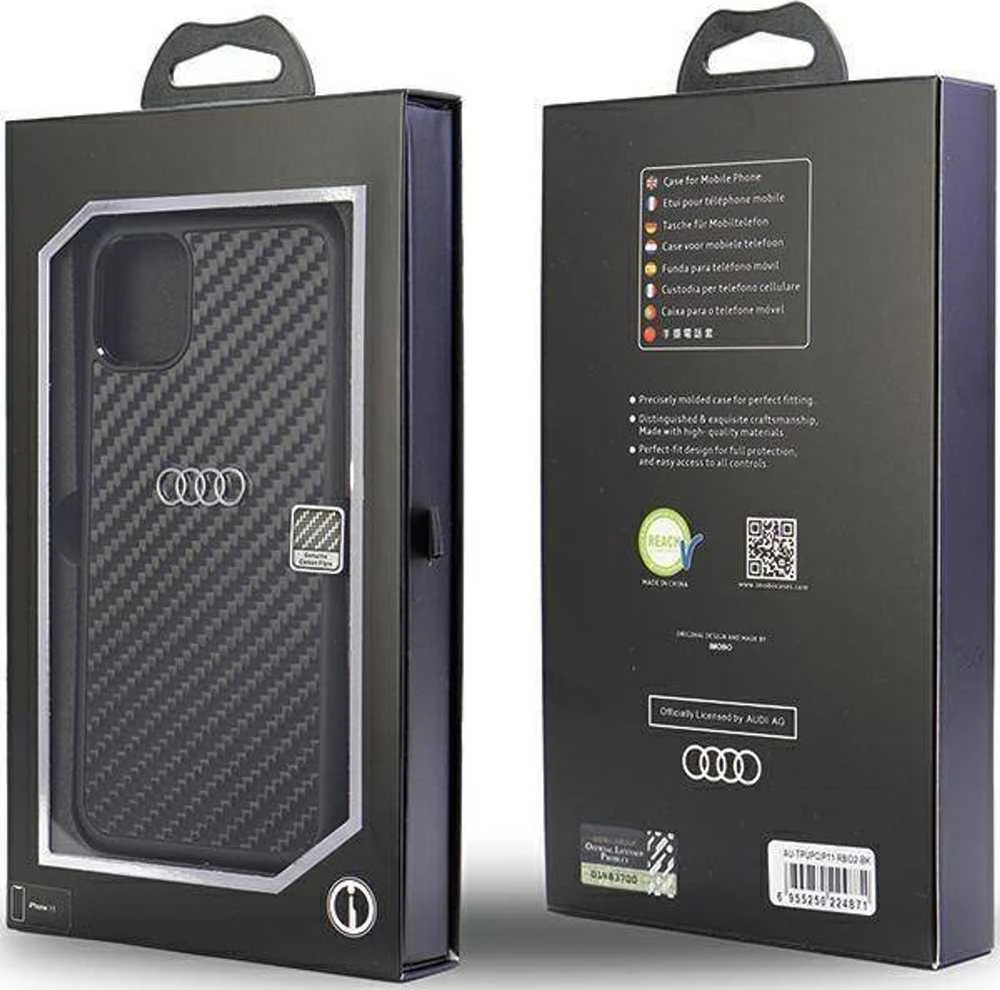 Audi Carbon Fiber Apple iPhone 11 / Xr 6.1″ juodos spalvos kietas dėklas AU-TPUPCIP11-R8/D2-BK