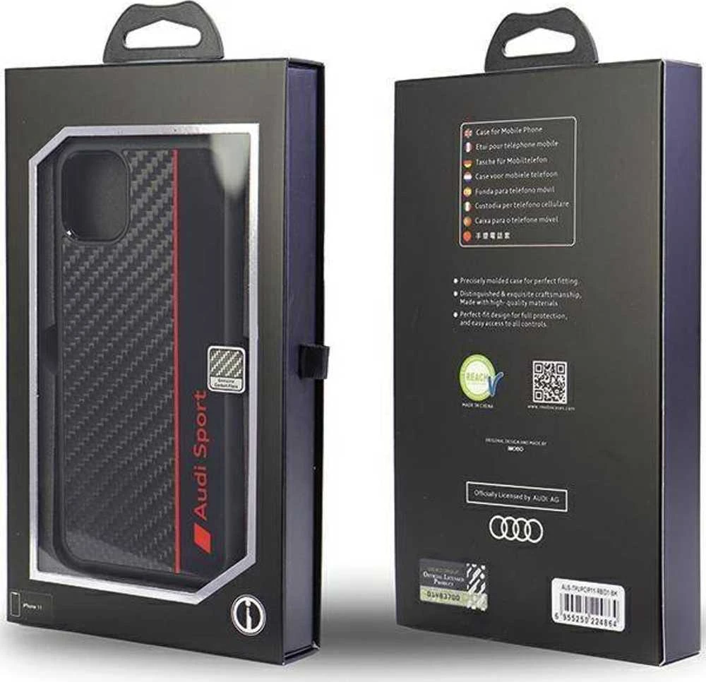 Audi Carbon Fiber Stripe Apple iPhone 11 / Xr 6.1″ juodos spalvos kietas dėklas AUS-TPUPCIP11-R8/D1-BK