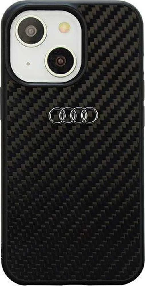 Audi Carbon Fiber Apple iPhone 14 / 15 / 13 6.1″ juodos spalvos kietas dėklas AU-TPUPCIP14-R8/D2-BK