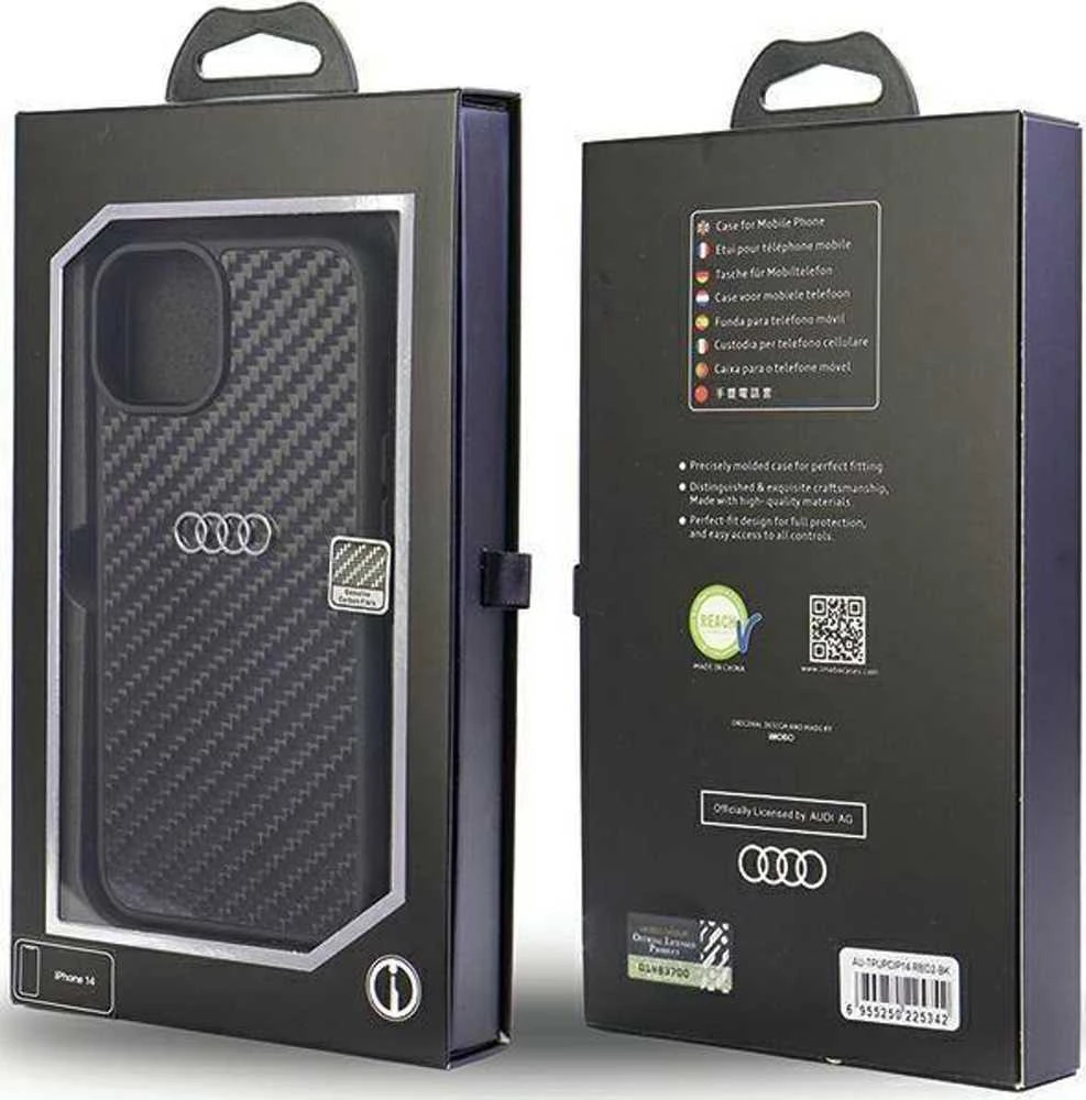 Audi Carbon Fiber Apple iPhone 14 / 15 / 13 6.1″ juodos spalvos kietas dėklas AU-TPUPCIP14-R8/D2-BK