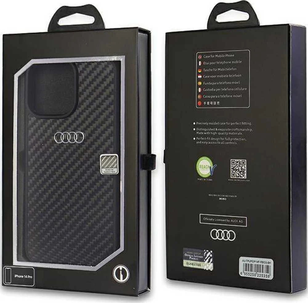 Audi Carbon Fiber Apple iPhone 14 Pro 6.1″ juodos spalvos kietas dėklas AU-TPUPCIP14P-R8/D2-BK
