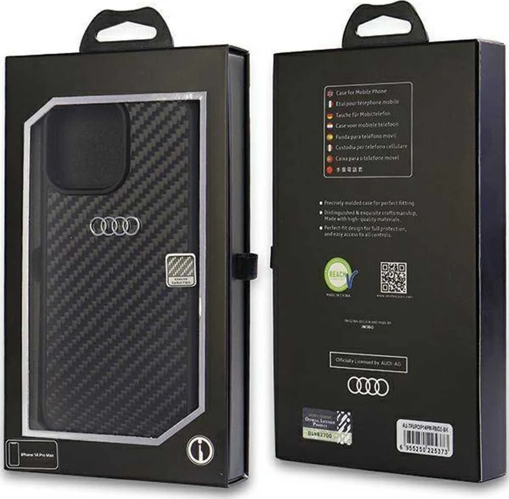 Audi Carbon Fiber Apple iPhone 14 Pro Max 6.7″ juodos spalvos kietas dėklas AU-TPUPCIP14PM-R8/D2-BK