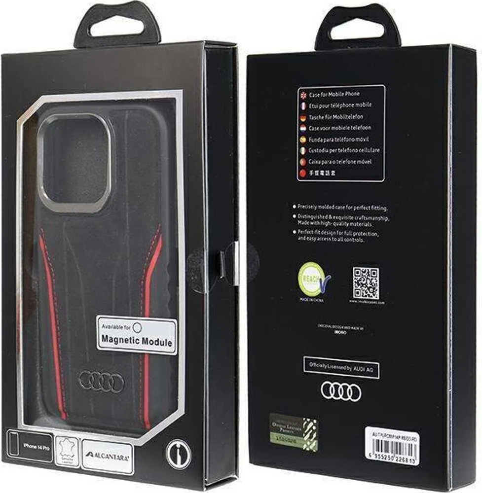 Audi Genuine Leather MagSafe Apple iPhone 14 Pro 6.1″ juodos spalvos-red kietas dėklas AU-TPUPCMIP14P-R8/