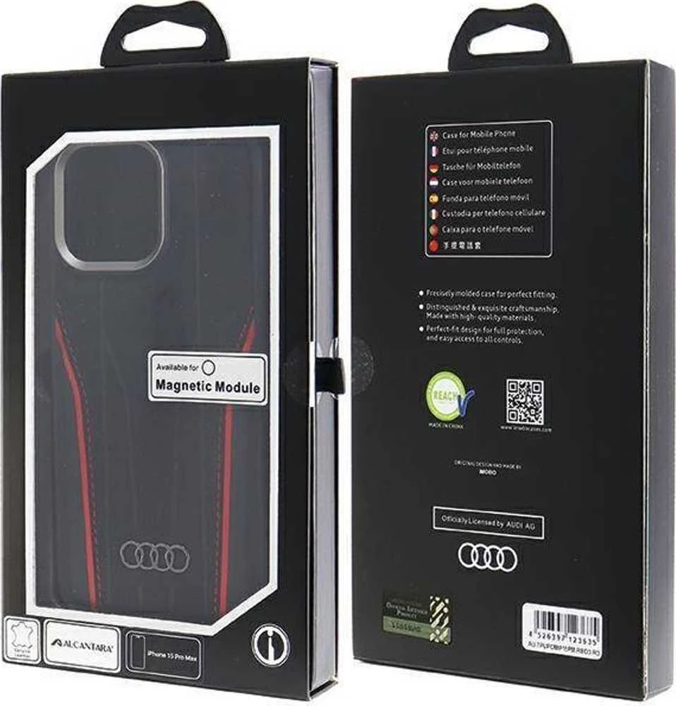 Audi Genuine Leather MagSafe Apple iPhone15 Pro Max 6.7″ juodos spalvos-red kietas dėklas AU-TPUPCMIP15P