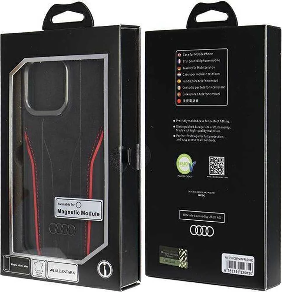 Audi Genuine Leather MagSafe Apple iPhone 14 Pro Max 6.7″ juodos spalvos-red kietas dėklas AU-TPUPCMIP14P