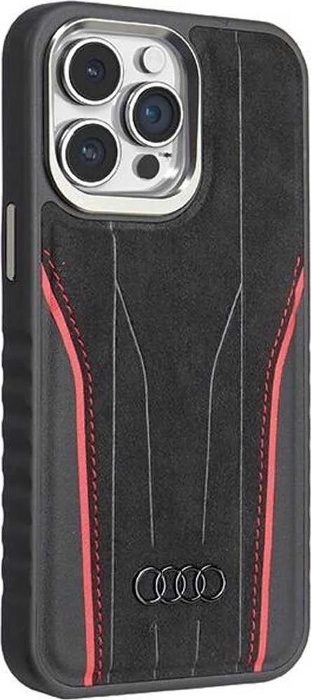 Audi Genuine Leather MagSafe Apple iPhone 15 Pro 6.1″ juodos spalvos-red kietas dėklas AU-TPUPCMIP15P-R8/