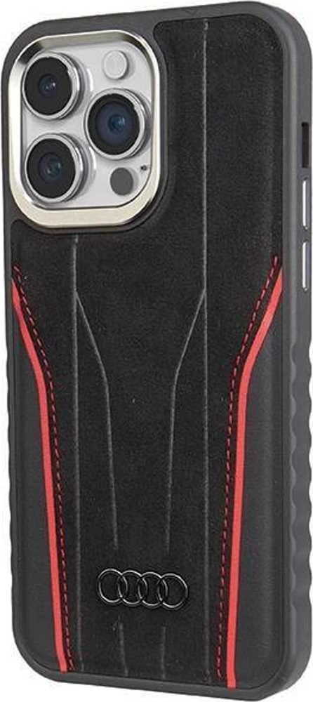Audi Genuine Leather MagSafe Apple iPhone 14 Pro 6.1″ juodos spalvos-red kietas dėklas AU-TPUPCMIP14P-R8/