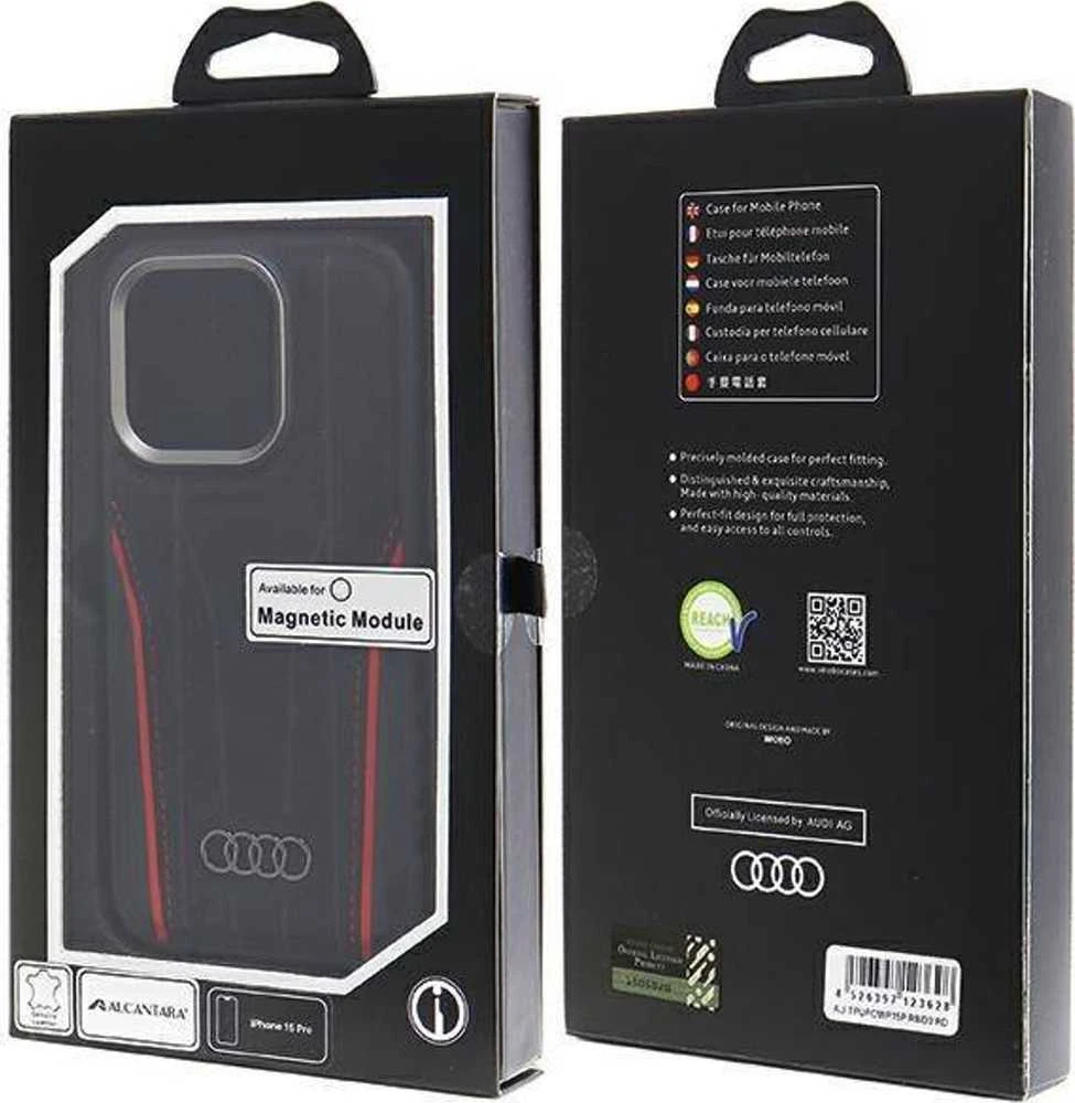 Audi Genuine Leather MagSafe Apple iPhone 15 Pro 6.1″ juodos spalvos-red kietas dėklas AU-TPUPCMIP15P-R8/