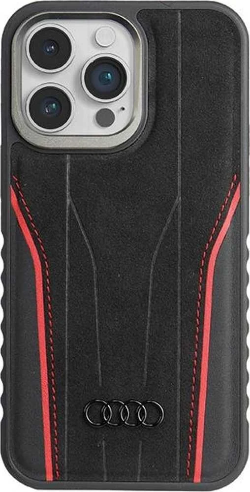 Audi Genuine Leather MagSafe Apple iPhone15 Pro Max 6.7″ juodos spalvos-red kietas dėklas AU-TPUPCMIP15P
