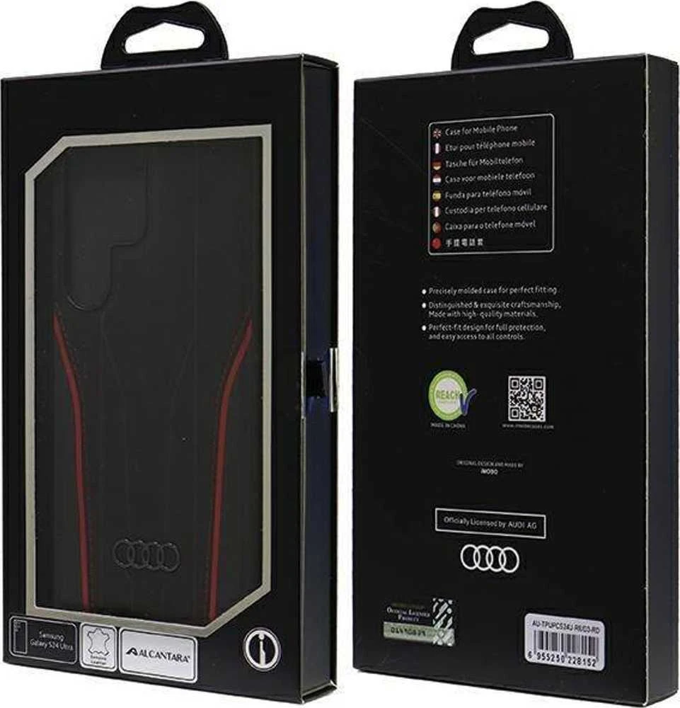 Audi Genuine Leather MagSafe S24 Ultra S928 juodos spalvos-red kietas dėklas AU-TPUPCS24U-R8/D3-RD