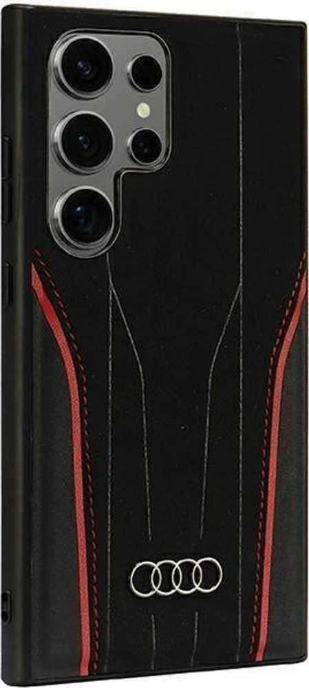Audi Genuine Leather MagSafe S24 Ultra S928 juodos spalvos-red kietas dėklas AU-TPUPCS24U-R8/D3-RD