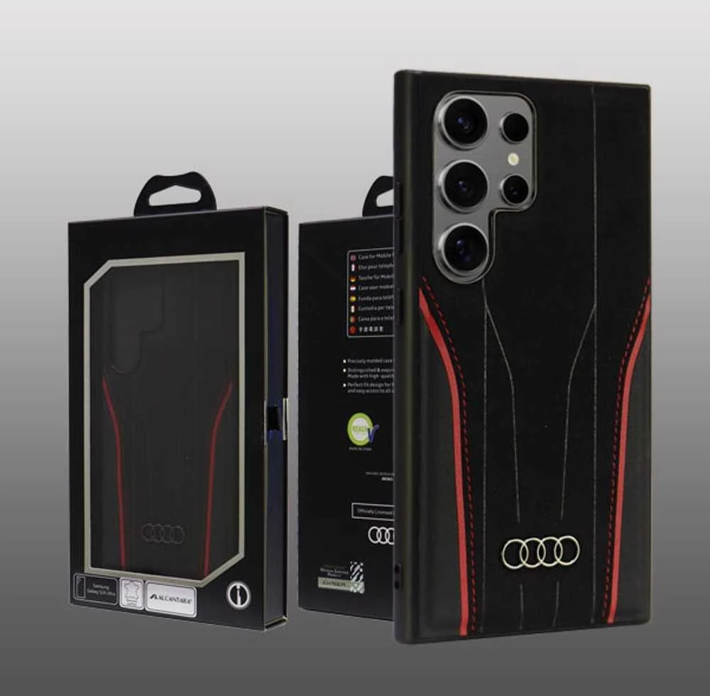 Audi Genuine Leather MagSafe S24 Ultra S928 juodos spalvos-red kietas dėklas AU-TPUPCS24U-R8/D3-RD