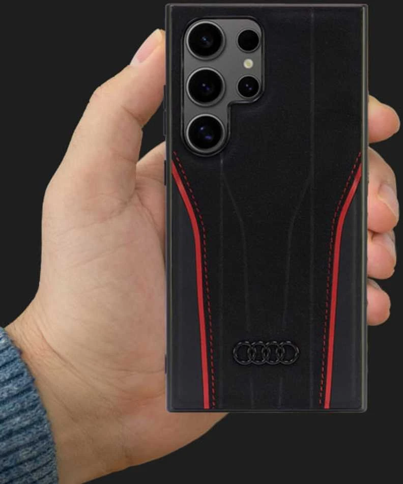 Audi Genuine Leather MagSafe S24 Ultra S928 juodos spalvos-red kietas dėklas AU-TPUPCS24U-R8/D3-RD